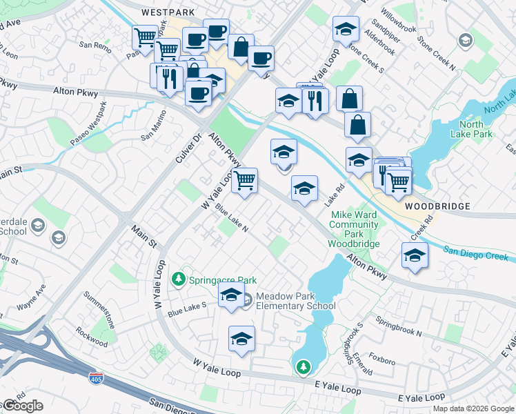 map of restaurants, bars, coffee shops, grocery stores, and more near 16 Wayfarer in Irvine