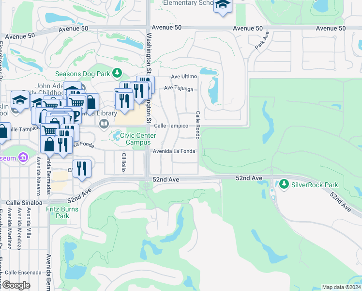map of restaurants, bars, coffee shops, grocery stores, and more near 78660 Avenida La Fonda in La Quinta