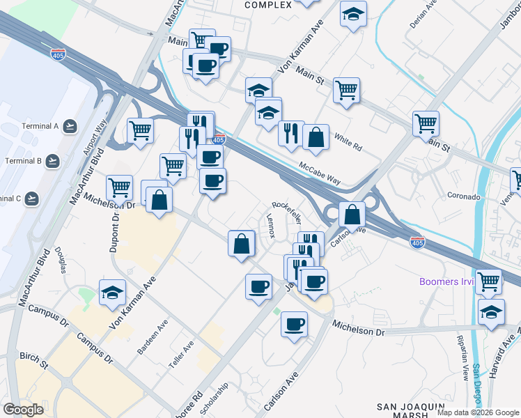 map of restaurants, bars, coffee shops, grocery stores, and more near 505 Rockefeller in Irvine