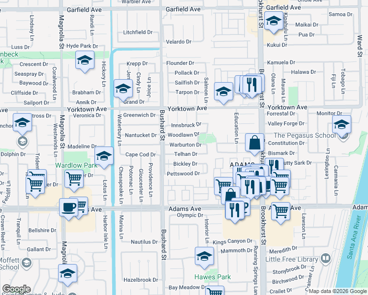 map of restaurants, bars, coffee shops, grocery stores, and more near 9641 Telhan Drive in Huntington Beach