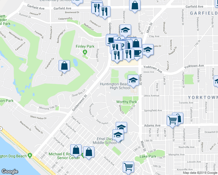 map of restaurants, bars, coffee shops, grocery stores, and more near 19601 Seagull Lane in Huntington Beach