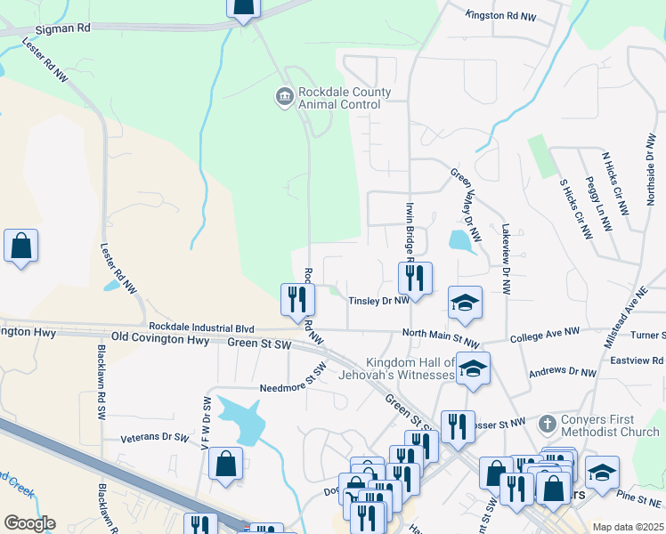 map of restaurants, bars, coffee shops, grocery stores, and more near 1243 Hill Street in Conyers