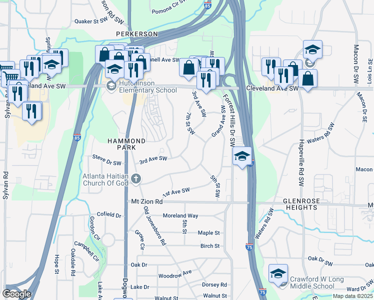 map of restaurants, bars, coffee shops, grocery stores, and more near 2860 3rd Avenue Southwest in Atlanta