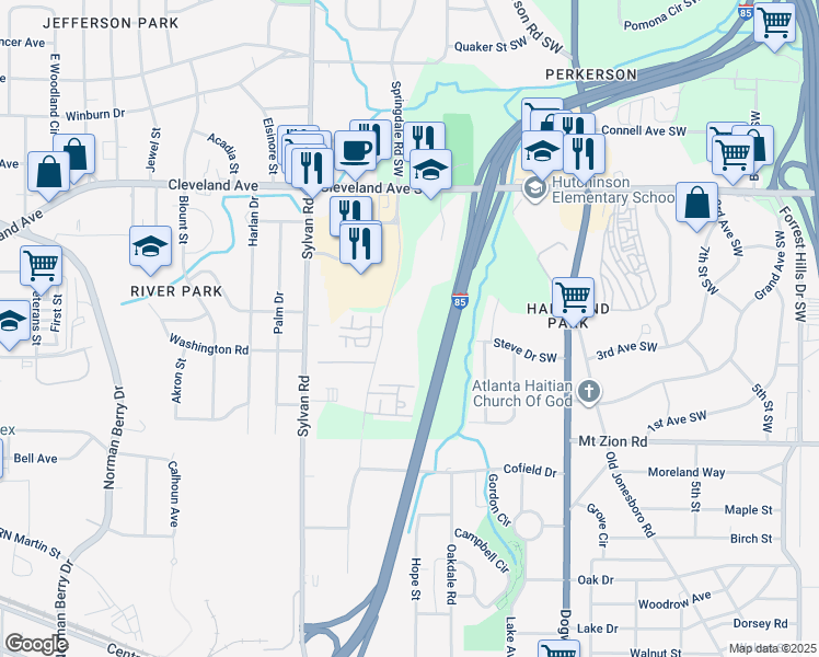 map of restaurants, bars, coffee shops, grocery stores, and more near 2850 Springdale Rd SW in Atlanta