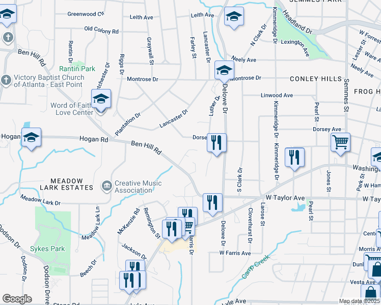 map of restaurants, bars, coffee shops, grocery stores, and more near 2221 Ben Hill Road in Atlanta