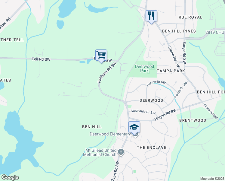 map of restaurants, bars, coffee shops, grocery stores, and more near 2890 Fairburn Road Southwest in Atlanta
