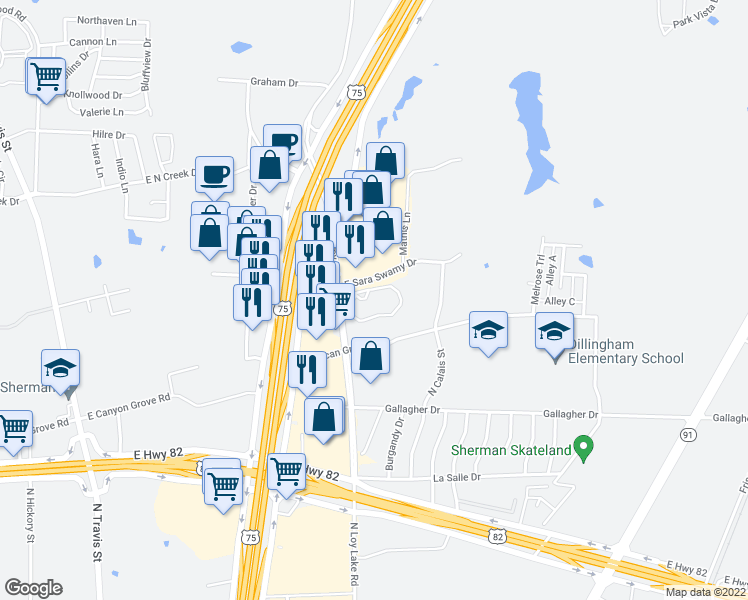 map of restaurants, bars, coffee shops, grocery stores, and more near 3701 North Loy Lake Road in Sherman