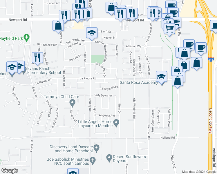 map of restaurants, bars, coffee shops, grocery stores, and more near 27172 Fitzgerald Place in Menifee