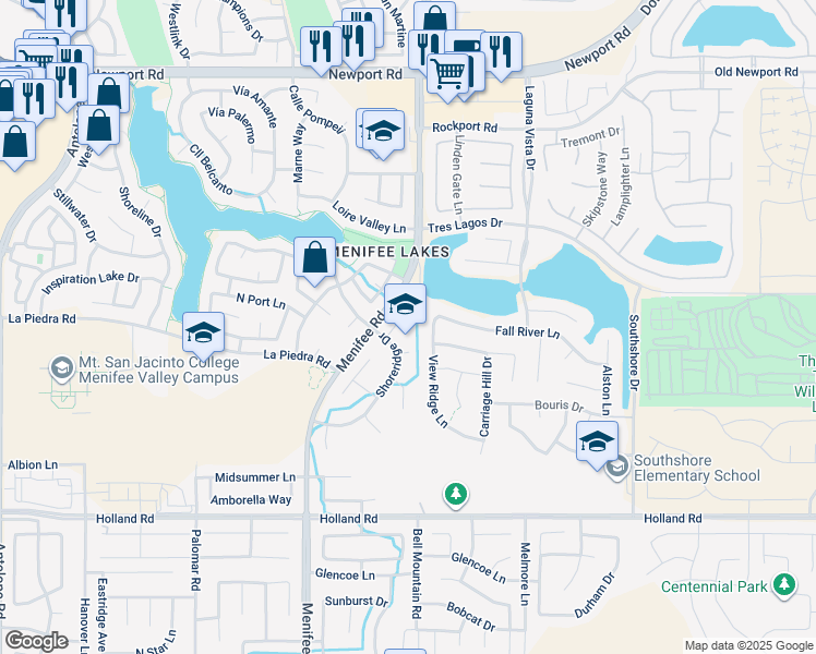 map of restaurants, bars, coffee shops, grocery stores, and more near 30536 Covecrest Circle in Menifee