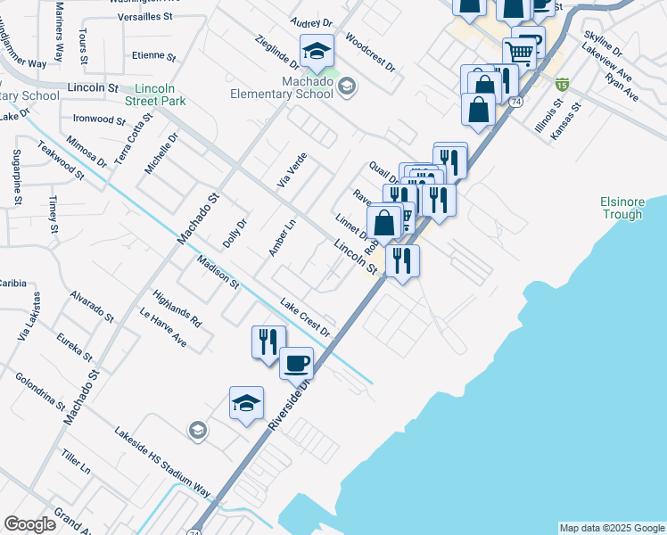 map of restaurants, bars, coffee shops, grocery stores, and more near 15195-2 Lincoln Street in Lake Elsinore