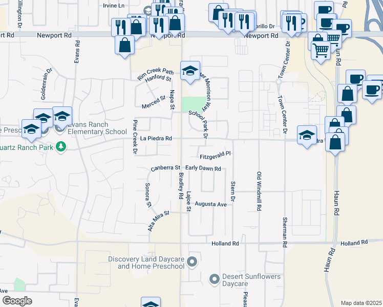 map of restaurants, bars, coffee shops, grocery stores, and more near 27051 Fitzgerald Place in Menifee