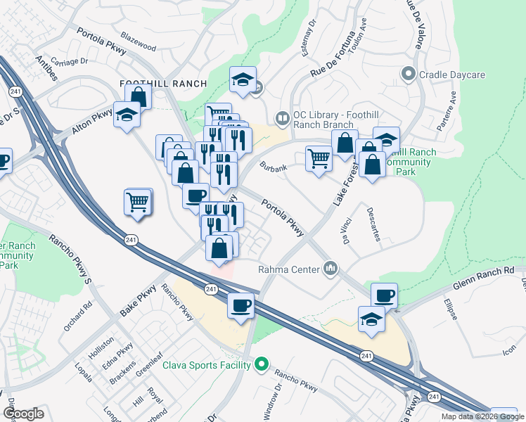 map of restaurants, bars, coffee shops, grocery stores, and more near 209 El Paseo in Lake Forest