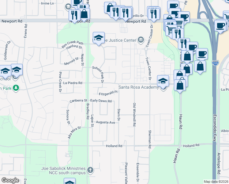 map of restaurants, bars, coffee shops, grocery stores, and more near Glaspell Court in Menifee