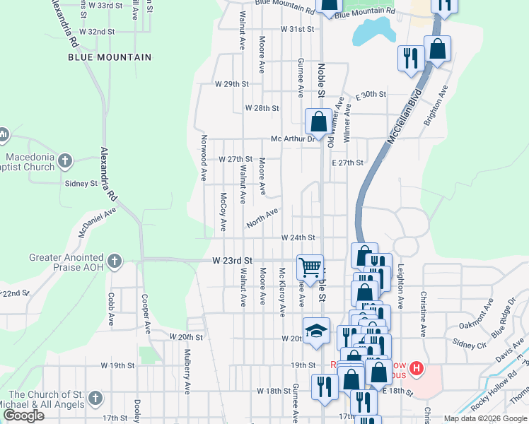 map of restaurants, bars, coffee shops, grocery stores, and more near 219 North Avenue in Anniston