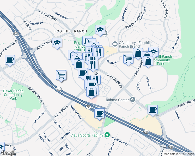 map of restaurants, bars, coffee shops, grocery stores, and more near 1001 El Paseo in Lake Forest