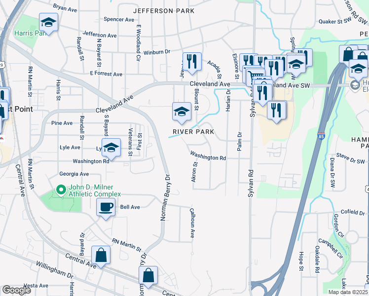 map of restaurants, bars, coffee shops, grocery stores, and more near 2873 Akron Street in East Point