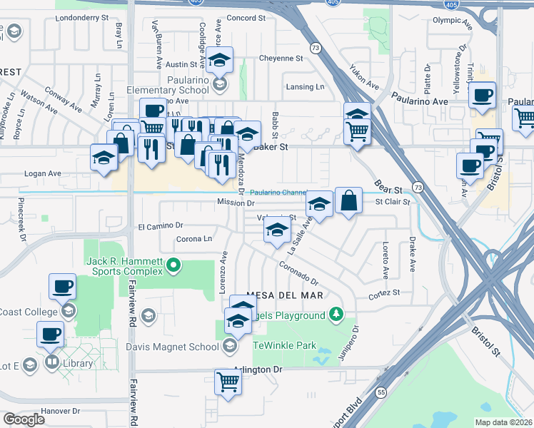 map of restaurants, bars, coffee shops, grocery stores, and more near 1016 Valencia Street in Costa Mesa