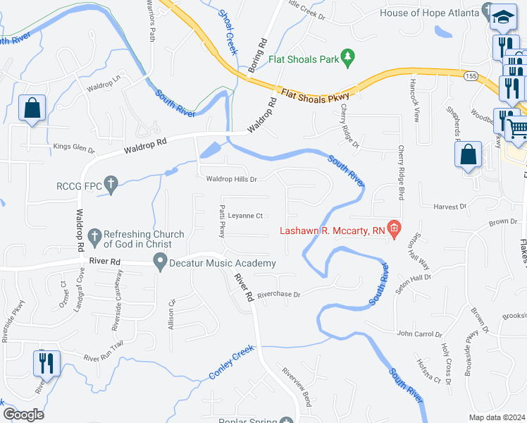 map of restaurants, bars, coffee shops, grocery stores, and more near 3466 Leyanne Court in Decatur