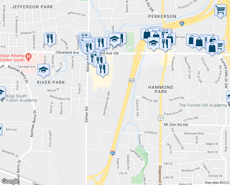 map of restaurants, bars, coffee shops, grocery stores, and more near 2850 Springdale Road Southwest in Atlanta