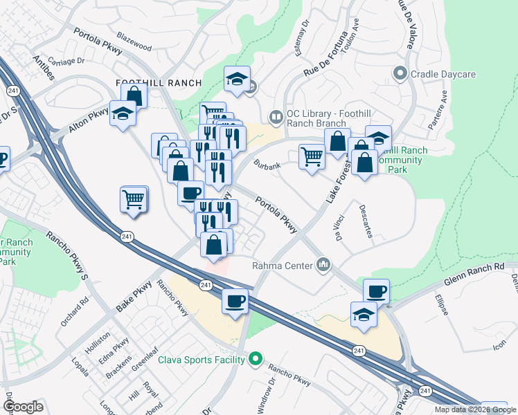 map of restaurants, bars, coffee shops, grocery stores, and more near 209 El Paseo in Lake Forest