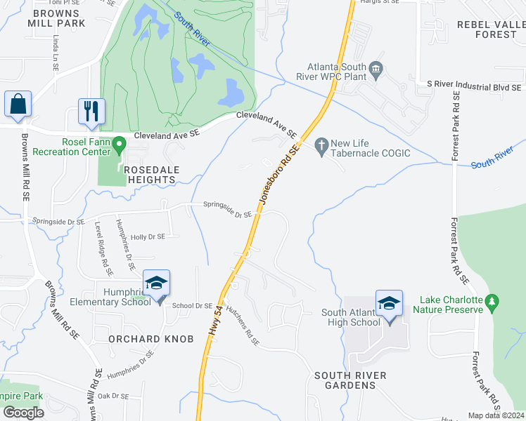 map of restaurants, bars, coffee shops, grocery stores, and more near 590 River Gardens Drive in Atlanta