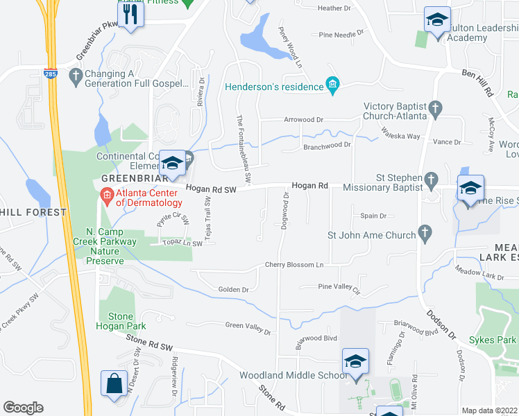 map of restaurants, bars, coffee shops, grocery stores, and more near 5 Pine Canyon Drive Southwest in Atlanta