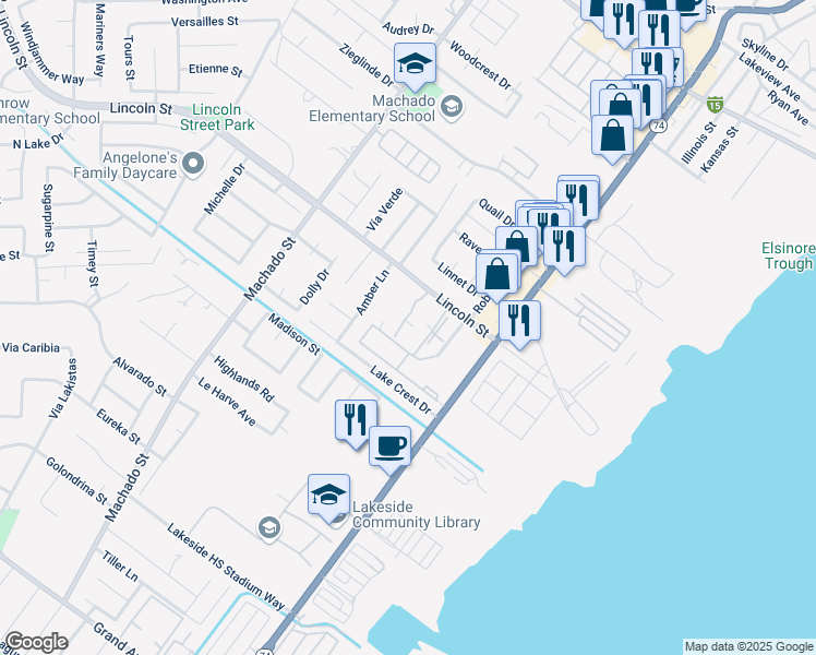 map of restaurants, bars, coffee shops, grocery stores, and more near 15177 Lincoln Street in Lake Elsinore