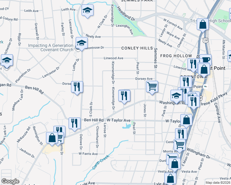 map of restaurants, bars, coffee shops, grocery stores, and more near 2882 Kimmeridge Drive in East Point