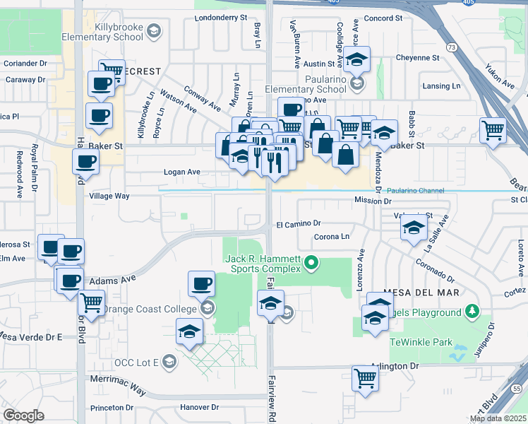 map of restaurants, bars, coffee shops, grocery stores, and more near 1202 Hazel Place in Costa Mesa