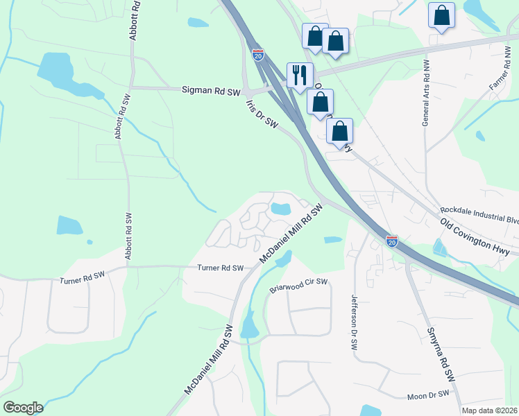 map of restaurants, bars, coffee shops, grocery stores, and more near 50 Saint James Drive in Conyers