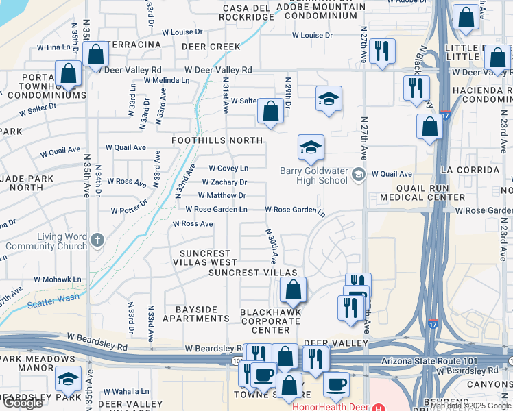 map of restaurants, bars, coffee shops, grocery stores, and more near 21001 North 30th Avenue in Phoenix