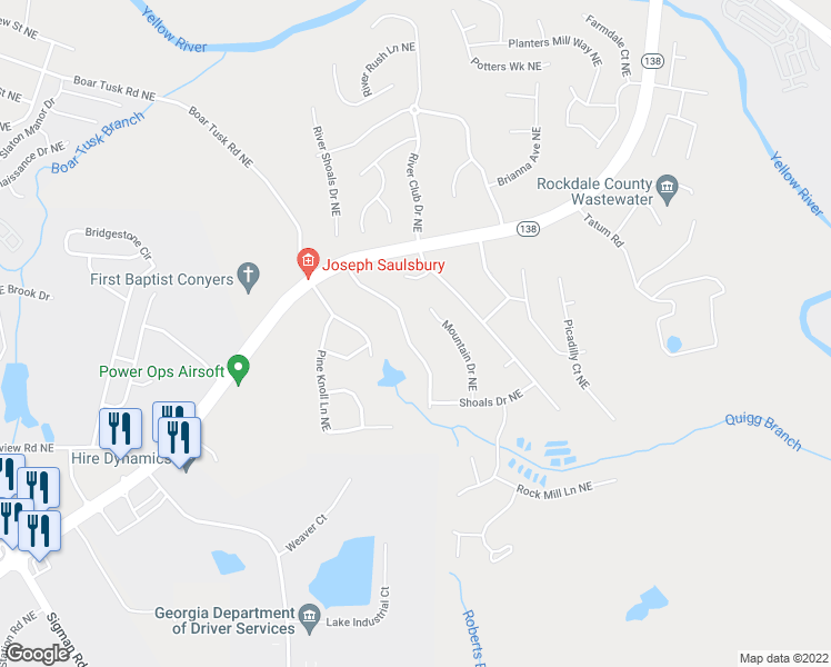 map of restaurants, bars, coffee shops, grocery stores, and more near 1301 Classic Drive Northeast in Conyers