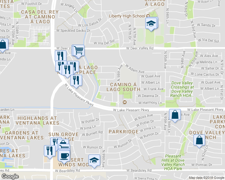 map of restaurants, bars, coffee shops, grocery stores, and more near 9840 West Deanna Drive in Peoria