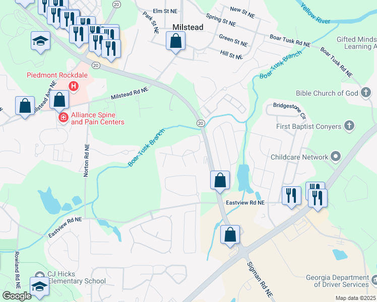 map of restaurants, bars, coffee shops, grocery stores, and more near 1150 Sigman Road Northeast in Conyers