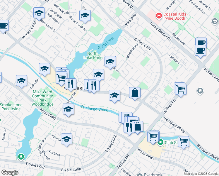 map of restaurants, bars, coffee shops, grocery stores, and more near 3 White Birch in Irvine