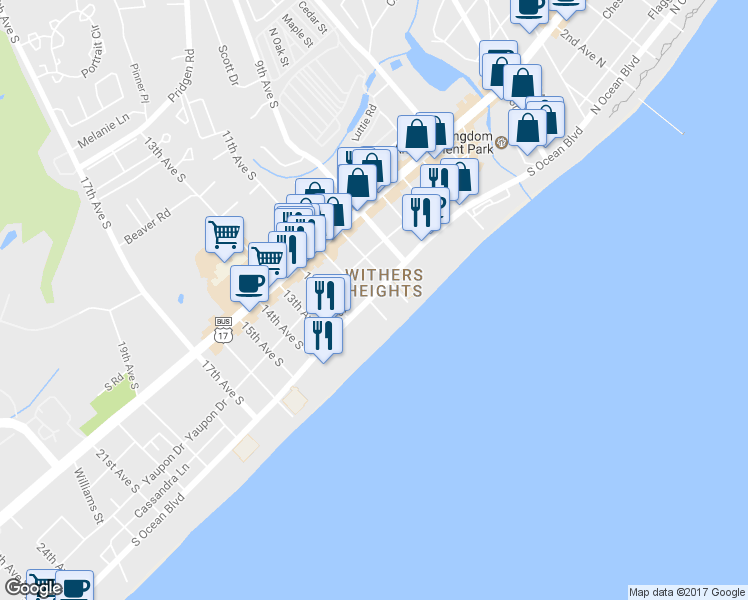 map of restaurants, bars, coffee shops, grocery stores, and more near 1007 South Ocean Boulevard in Myrtle Beach