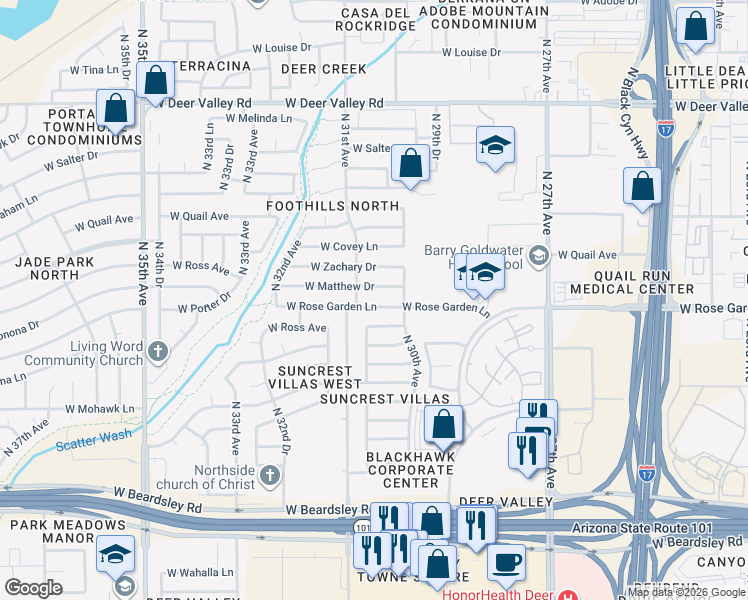 map of restaurants, bars, coffee shops, grocery stores, and more near 3041 West Rose Garden Lane in Phoenix