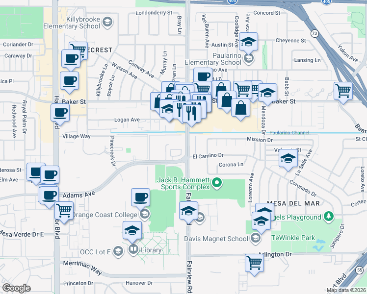 map of restaurants, bars, coffee shops, grocery stores, and more near 1202 Hazel Place in Costa Mesa
