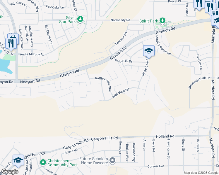 map of restaurants, bars, coffee shops, grocery stores, and more near Rattle Dance Way in Menifee