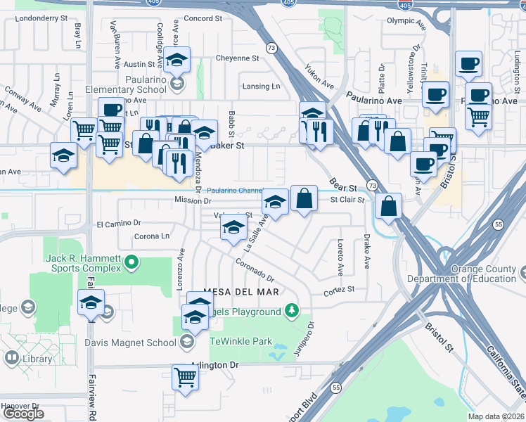 map of restaurants, bars, coffee shops, grocery stores, and more near 970 Valencia Street in Costa Mesa