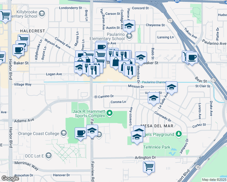 map of restaurants, bars, coffee shops, grocery stores, and more near 2873 Regis Lane in Costa Mesa