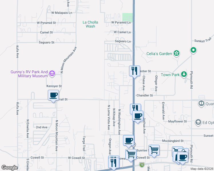 map of restaurants, bars, coffee shops, grocery stores, and more near Kenoyer Street in Quartzsite