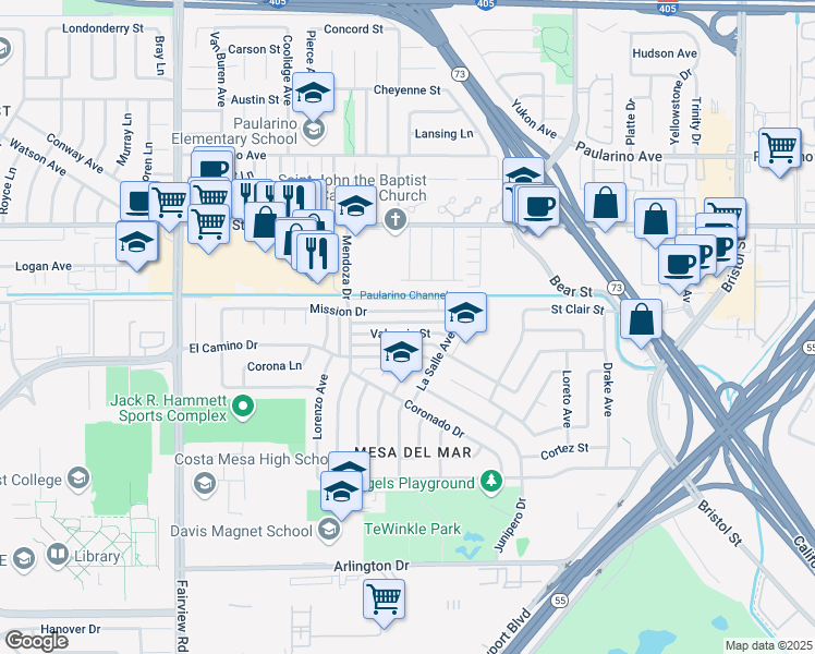 map of restaurants, bars, coffee shops, grocery stores, and more near 994 Valencia Street in Costa Mesa