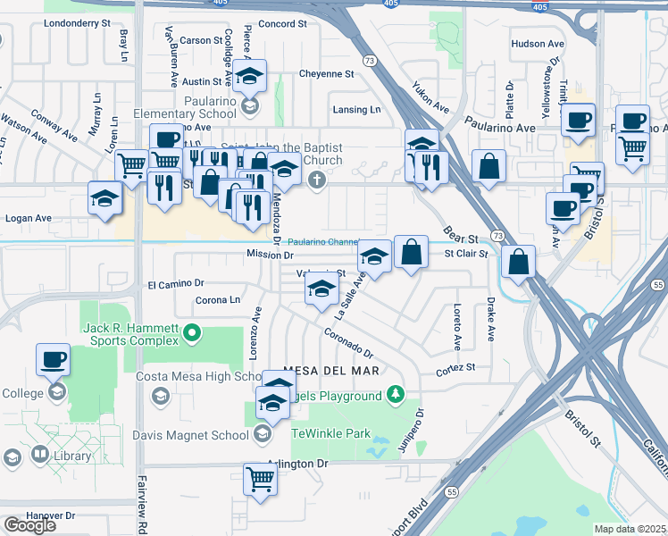 map of restaurants, bars, coffee shops, grocery stores, and more near 989 Valencia Street in Costa Mesa