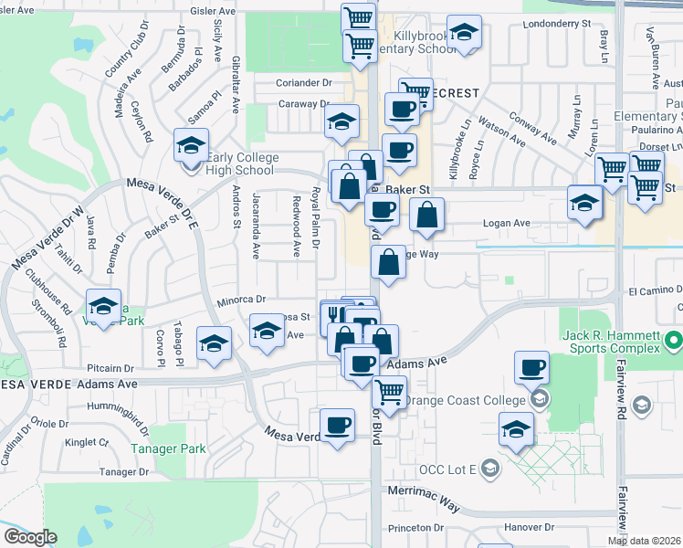 map of restaurants, bars, coffee shops, grocery stores, and more near 2914 Peppertree Lane in Costa Mesa