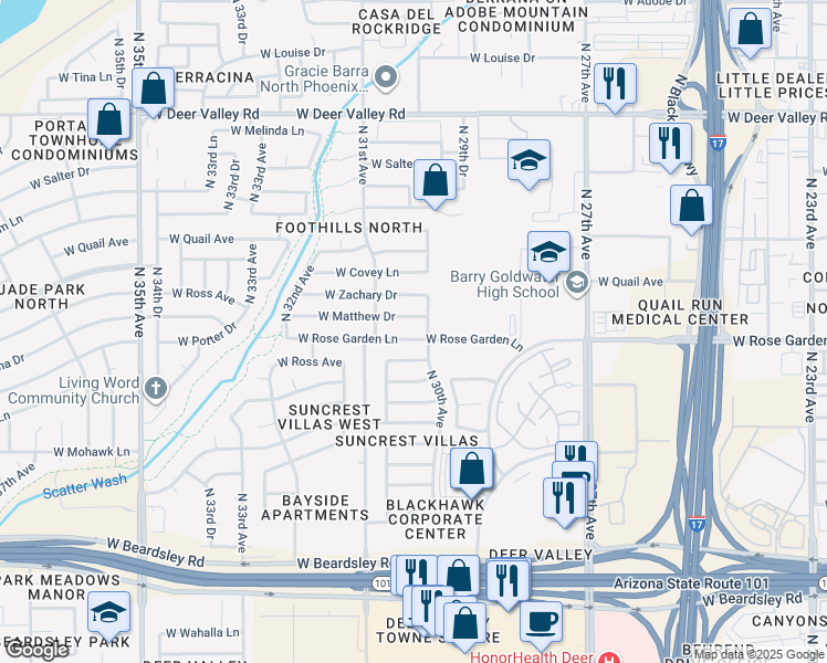 map of restaurants, bars, coffee shops, grocery stores, and more near 21001 North 30th Avenue in Phoenix