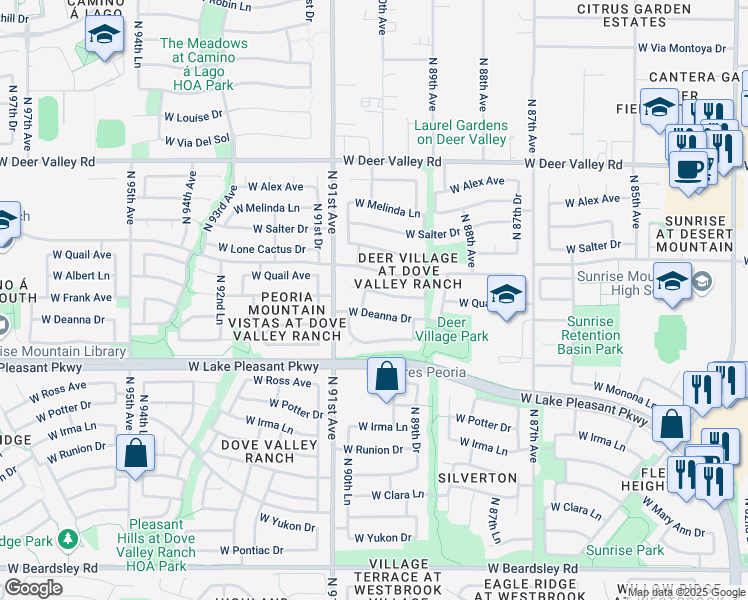 map of restaurants, bars, coffee shops, grocery stores, and more near 9020 West Deanna Drive in Peoria
