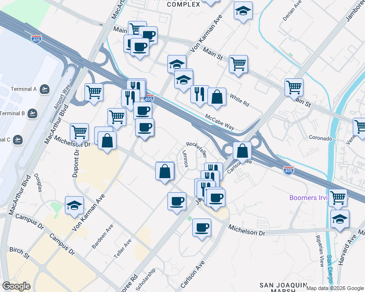 map of restaurants, bars, coffee shops, grocery stores, and more near 505 Rockefeller in Irvine