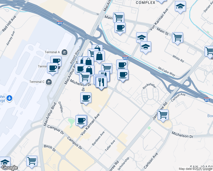 map of restaurants, bars, coffee shops, grocery stores, and more near 2304 Michelson Drive in Irvine