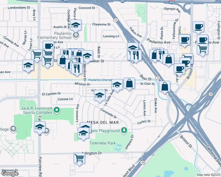map of restaurants, bars, coffee shops, grocery stores, and more near 2864 La Salle Avenue in Costa Mesa